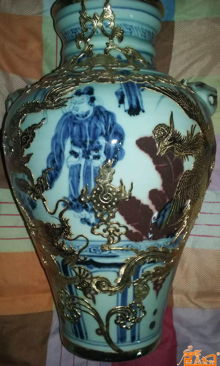 陶瓷人物青花梅瓶---元青花 人物 釉里红兽耳梅瓶2